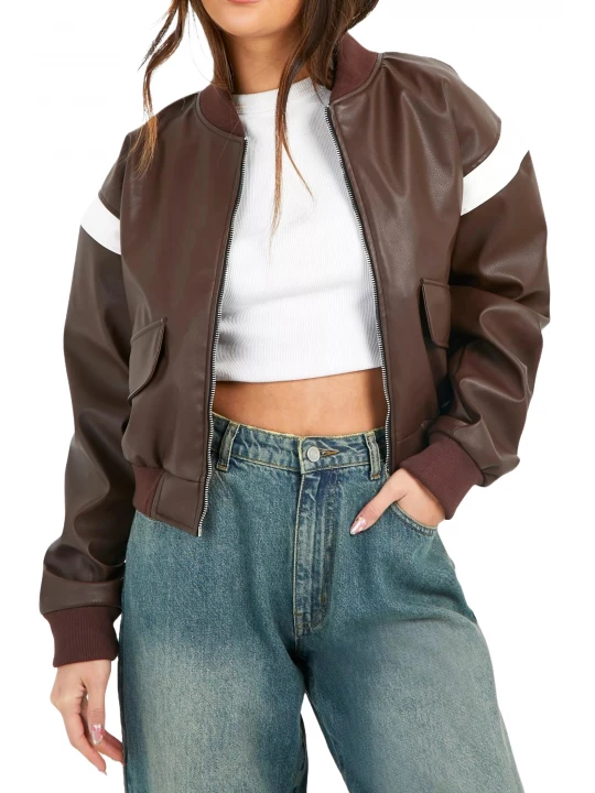 Strips Detailing Brown Leather Bomber Jacket