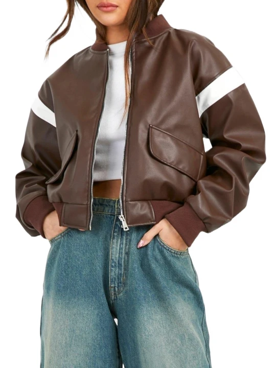 Strips Detailing Brown Leather Bomber Jacket