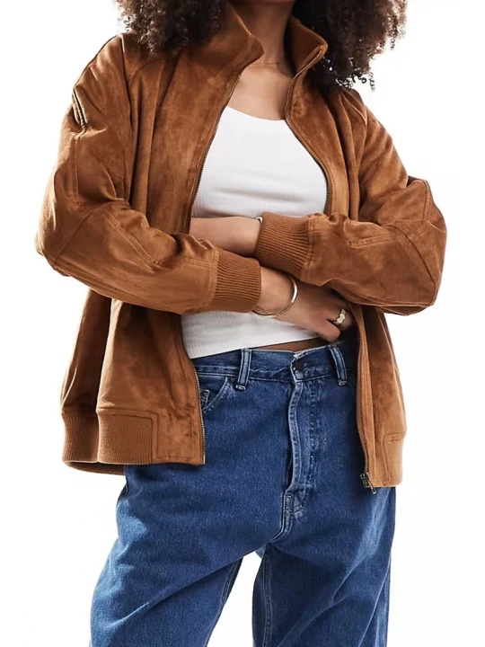 Suede Leather Oversized Bomber Jacket In Rust Color