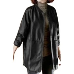 Womens Round Neck Real Sheepskin Black Leather Bomber Jacket
