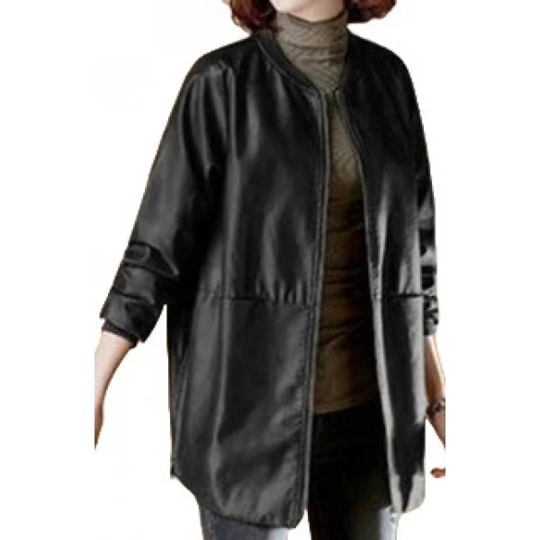 Womens Round Neck Real Sheepskin Black Leather Bomber Jacket