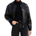 Zipper Pockets Leather Bomber Jacket Black