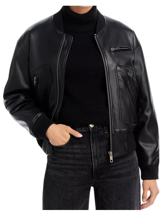 Zipper Pockets Leather Bomber Jacket Black