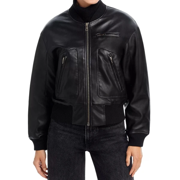 Zipper Pockets Leather Bomber Jacket Black