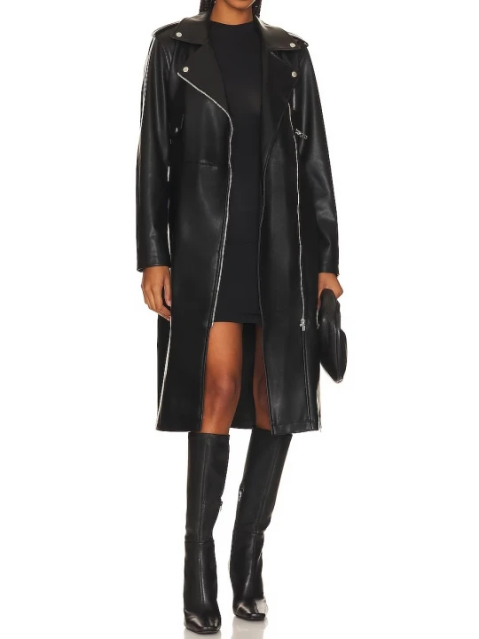 Asymmetric Zipper Closure Black Leather Long Coat