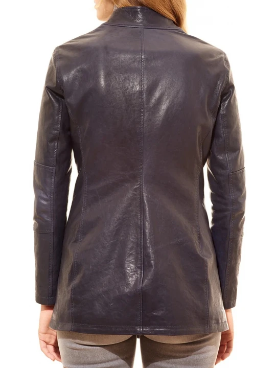 Asymmetric Zipper Closure Navy Blue Leather Long Coat
