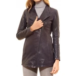 Asymmetric Zipper Closure Navy Blue Leather Long Coat