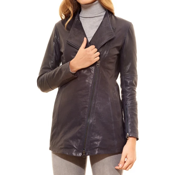 Asymmetric Zipper Closure Navy Blue Leather Long Coat