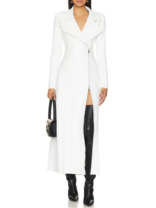 Asymmetric Zipper Closure White Leather Long Coat