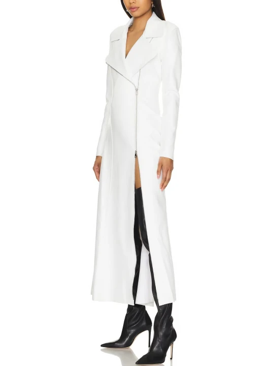 Asymmetric Zipper Closure White Leather Long Coat