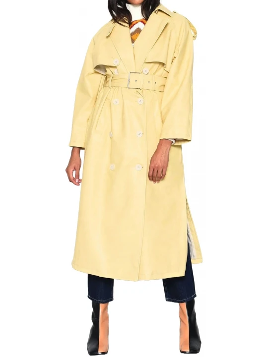 Beige Leather Longline Trench Coat