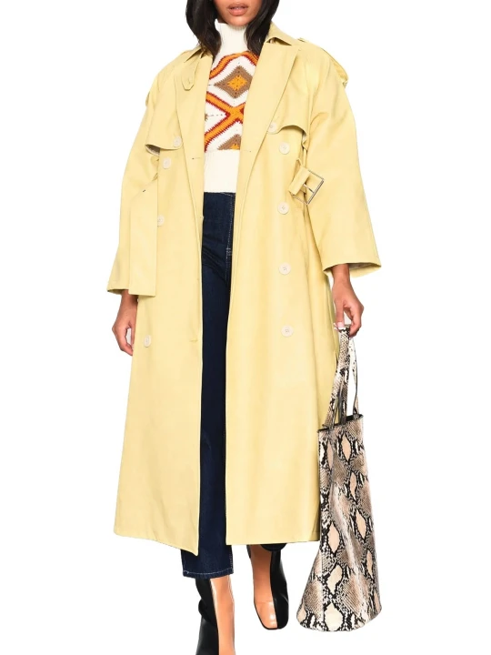 Beige Leather Longline Trench Coat