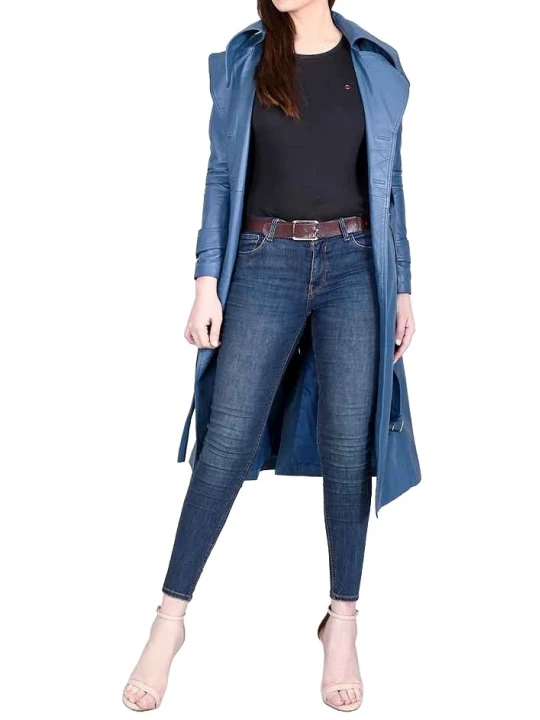 Belted Blue Leather Long Coat
