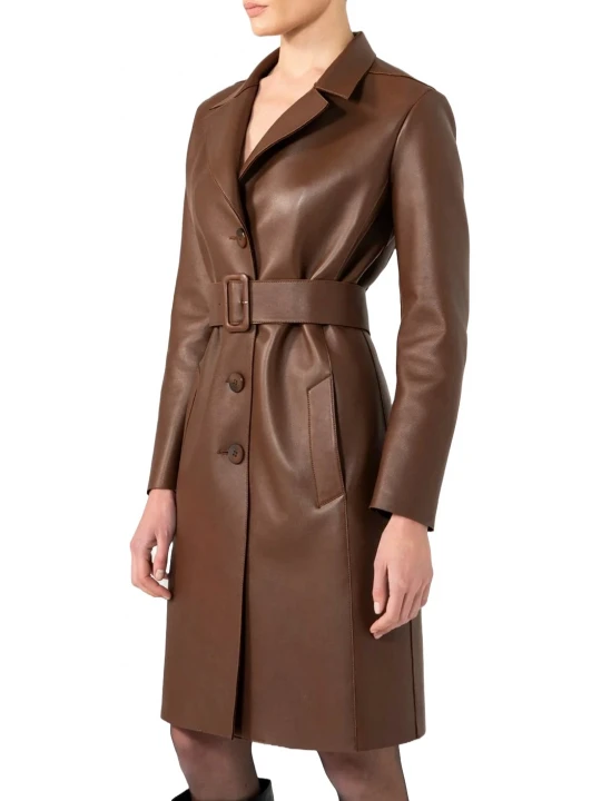 Belted Brown Leather Long Coat