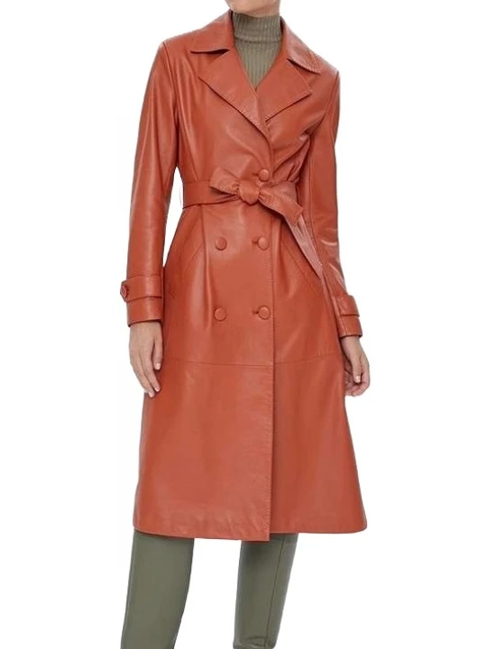 Belted Brown Leather Long Trenchcoat