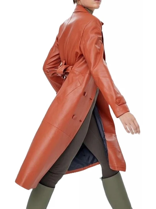 Belted Brown Leather Long Trenchcoat