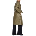 Belted Olive Green Leather Long Trenchcoat