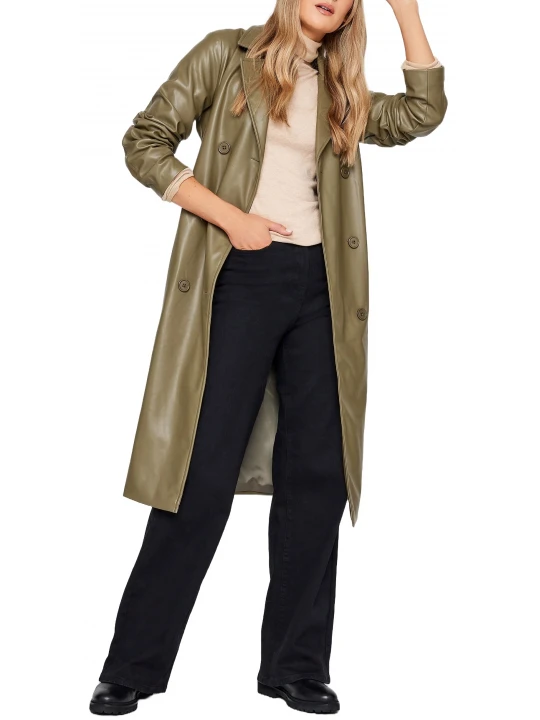Belted Olive Green Leather Long Trenchcoat