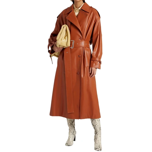Belted Tan Leather Trench Coat