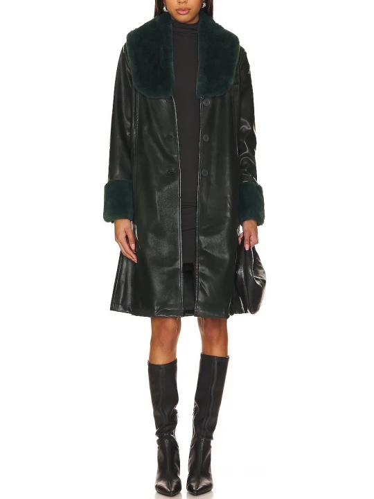 Black Leather Long Coat With Synthetic Fur Collar And Cuffs