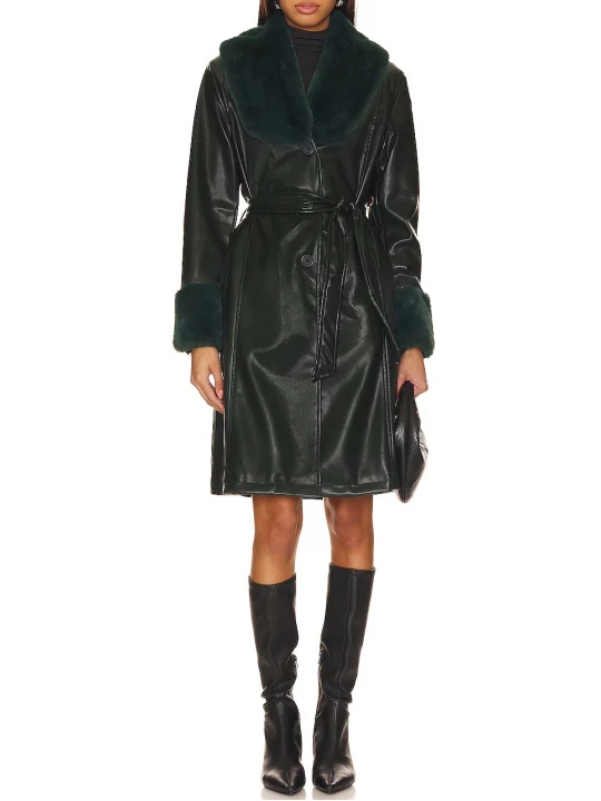 Black Leather Long Coat With Synthetic Fur Collar And Cuffs