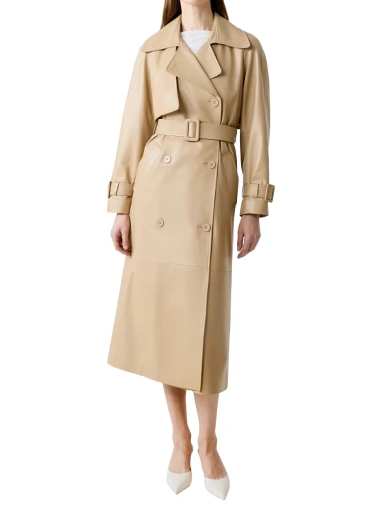 Broad Collar Beige Leather Long Coat