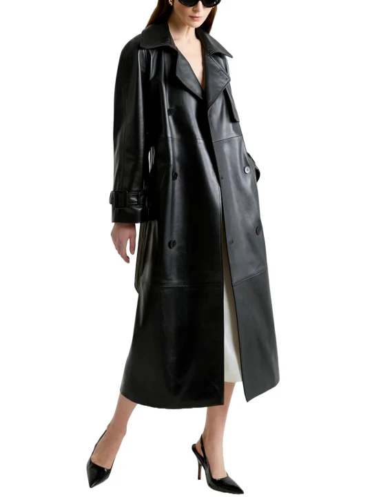 Broad Collar Black Leather Long Coat