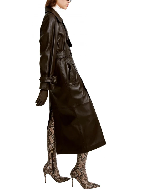 Broad Collar Dark Brown Leather Long Coat
