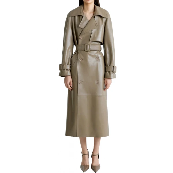 Broad Collar Brown Leather Long Coat