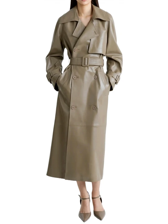 Broad Collar Brown Leather Long Coat