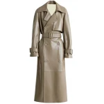Broad Collar Brown Leather Long Coat