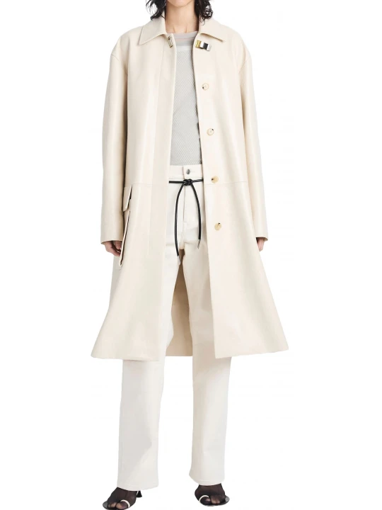 Button Fastening Beige Leather Long Coat