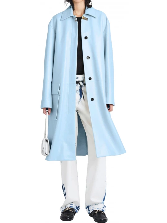 Button Fastening Blue Leather Long Coat