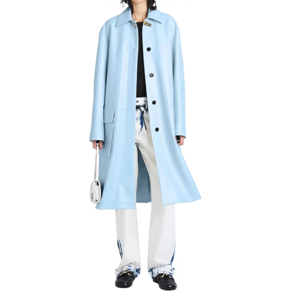 Button Fastening Blue Leather Long Coat