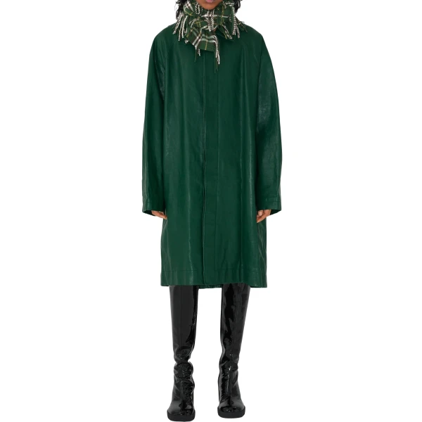 Button Fastening Green Leather Long Coat