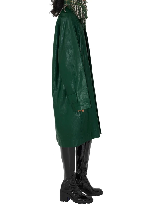 Button Fastening Green Leather Long Coat