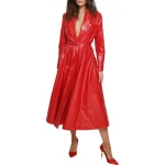 Chest Pockets Red Leather Long Coat