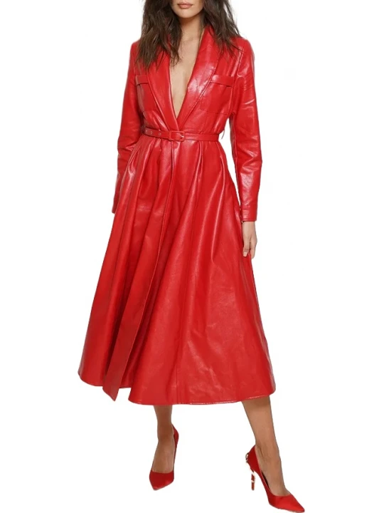 Chest Pockets Red Leather Long Coat