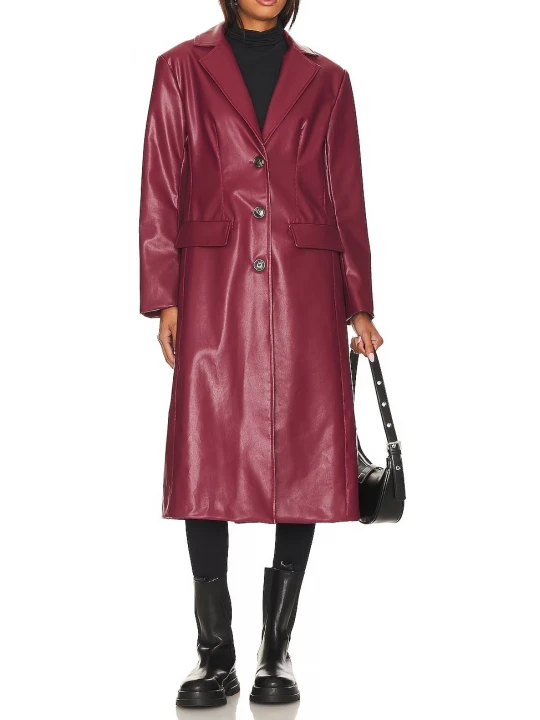 Classic Burgundy Leather Long Trench Coat