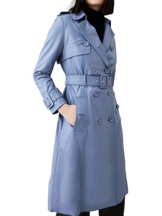 Classic Long Leather Trench Coat In Blue