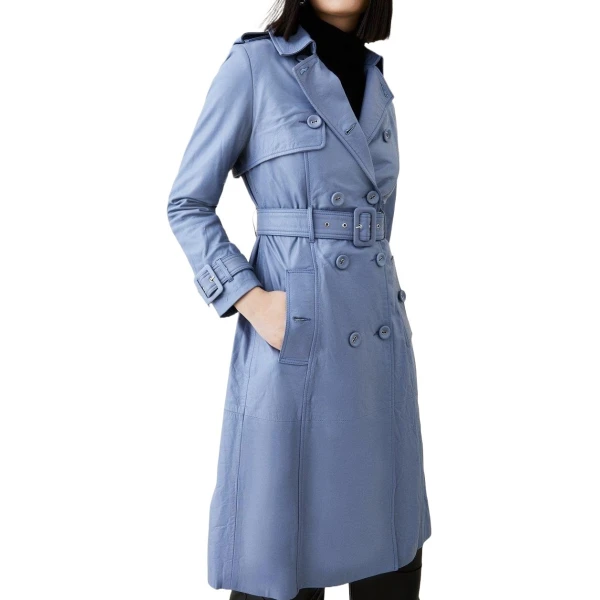 Classic Long Leather Trench Coat In Blue