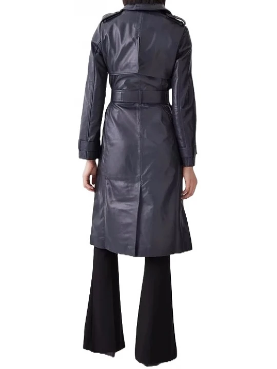 Classic Long Leather Trench Coat In Navy Blue