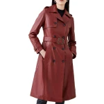 Classic Long Leather Trench Coat In Red