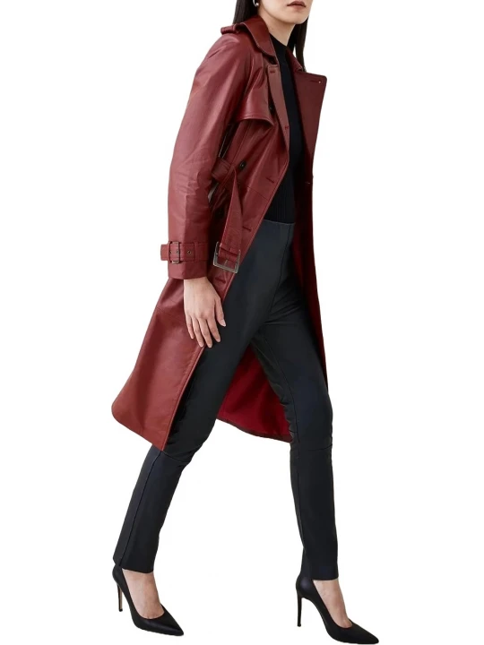 Classic Long Leather Trench Coat In Red