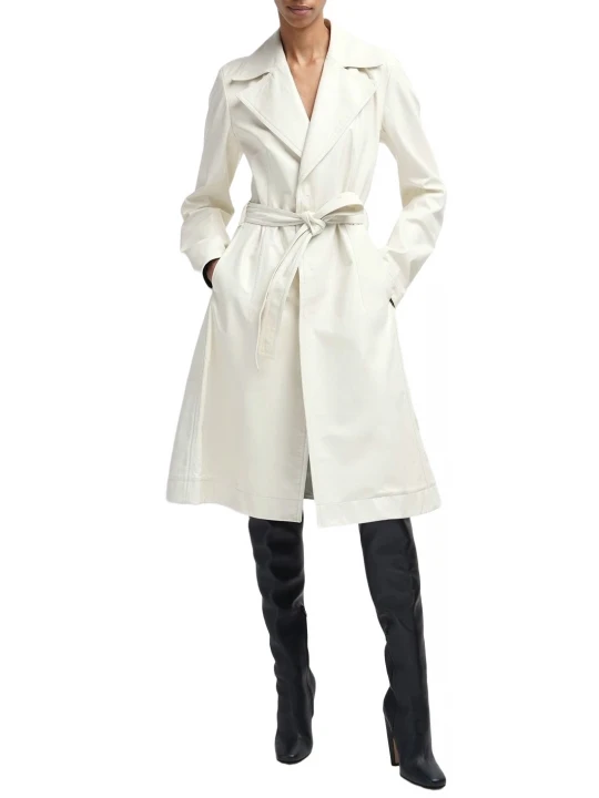 Classic Long Leather Trench Coat In White