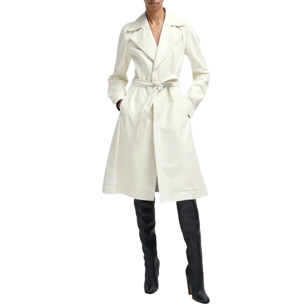 Classic Long Leather Trench Coat In White