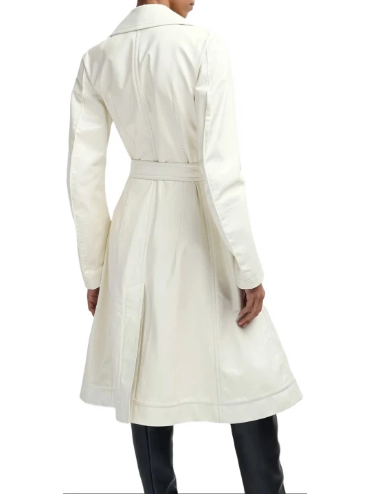 Classic Long Leather Trench Coat In White