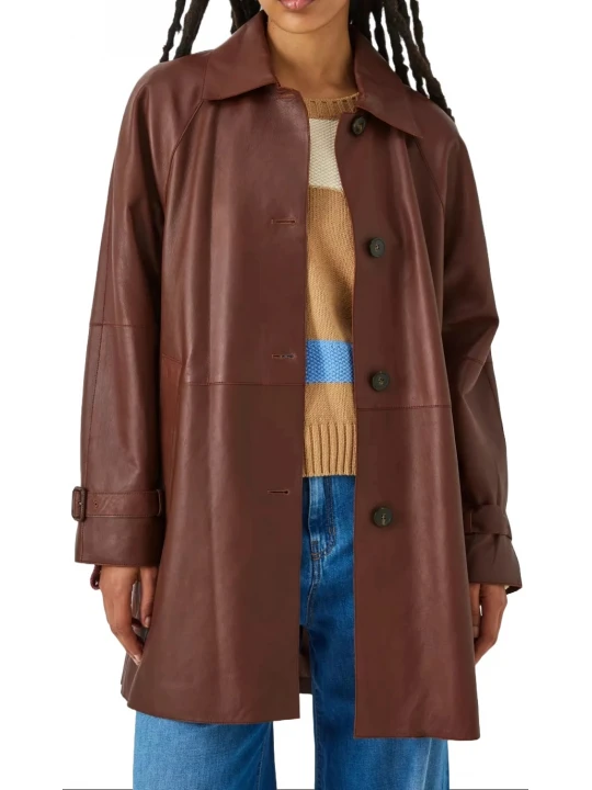 Collar Neckline Brown Leather Coat