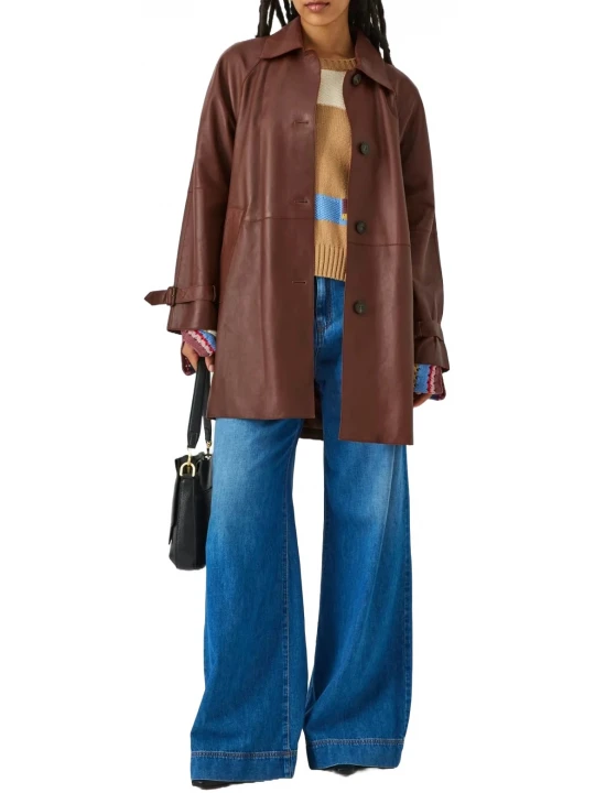 Collar Neckline Brown Leather Coat