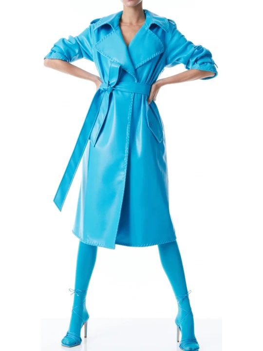 Collared Blue Leather Trench Coat